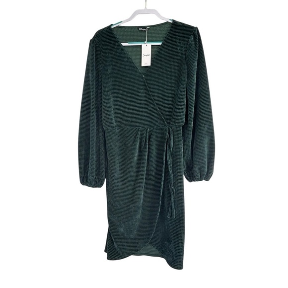 SIMPLEE WOMEN’S XL GREEN FAUX WRAP CORDUROY DRESS SIDE TIE BELTED V-NECK CHIC - Picture 5 of 7